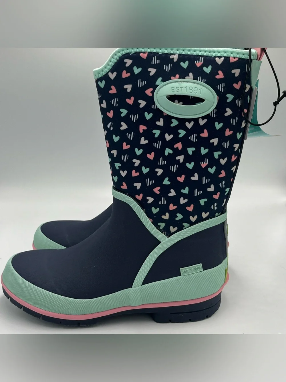 Western Chief Girls Sweethearts Waterproof Neoprene Navy Hearts Rain Boots Sz 5